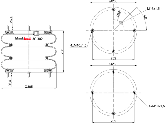 3C 302-200 P03 | Blacktech Air Spring for Fruehauf Trailer