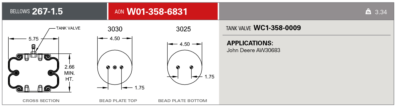 W01-358-6831 | Firestone فنر هوا برای محور مرکزی برش چرخشی John Deere